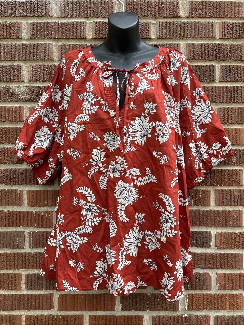 Lane Bryant Sz 22 Rust Floral Cotton Classic Raglan Elbow Sleeve Tie Neck Top
